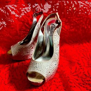 Dress high heel’s silver in color with clear rhinestones!